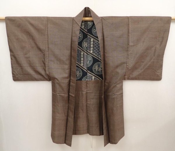 Photo6: 6703T12z480 Vintage Japanese Kimono Silk Men's HAORI  Brown-Gray (6)