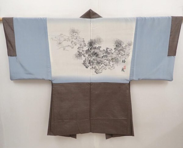 Photo1: 6703T13z550 Vintage Japanese Kimono Silk Men's OSHIMA HAORI Pine Brown-Gray (1)