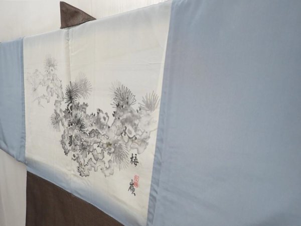 Photo2: 6703T13z550 Vintage Japanese Kimono Silk Men's OSHIMA HAORI Pine Brown-Gray (2)