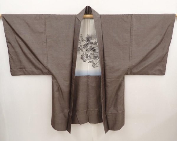 Photo8: 6703T13z550 Vintage Japanese Kimono Silk Men's OSHIMA HAORI Pine Brown-Gray (8)