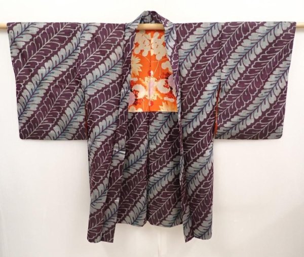 Photo5: 6704T01z440 Antique Japanese Kimono Silk HAORI Wisteria Grape (5)