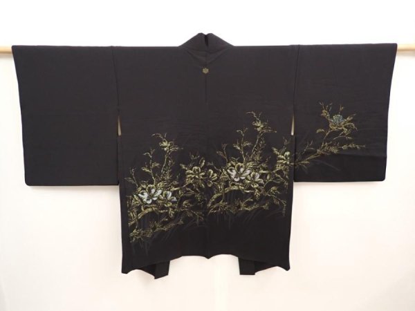 Photo1: 6704T02z530 Vintage Japanese Kimono Silk HAORI Flower Black (1)