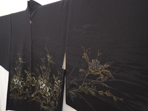 Photo2: 6704T02z530 Vintage Japanese Kimono Silk HAORI Flower Black (2)