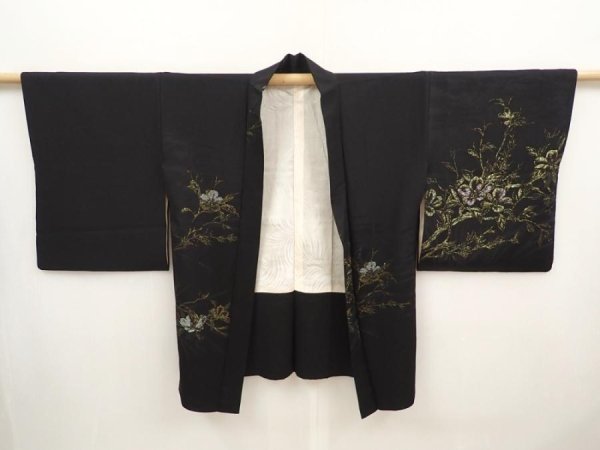 Photo6: 6704T02z530 Vintage Japanese Kimono Silk HAORI Flower Black (6)