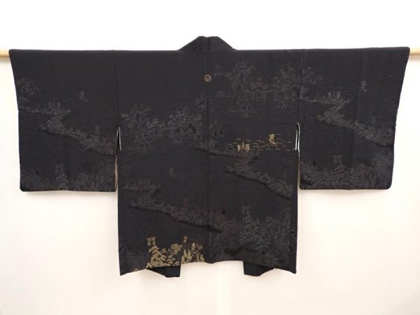 Photo1: 6704T04z610 Vintage Japanese Kimono Silk HAORI Itsukushima Shrine Black (1)