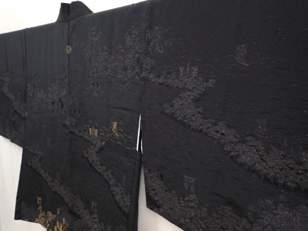 Photo2: 6704T04z610 Vintage Japanese Kimono Silk HAORI Itsukushima Shrine Black (2)