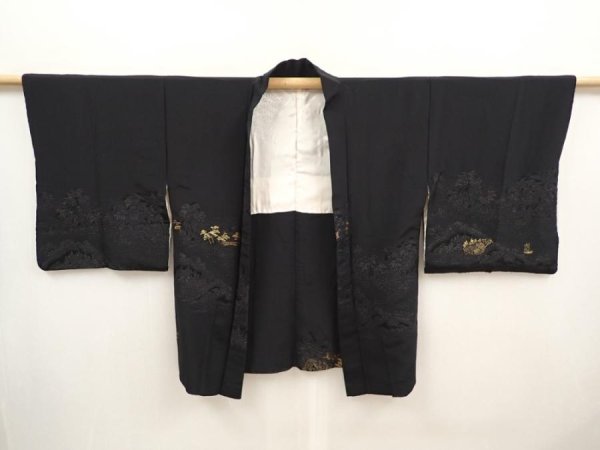 Photo6: 6704T04z610 Vintage Japanese Kimono Silk HAORI Itsukushima Shrine Black (6)