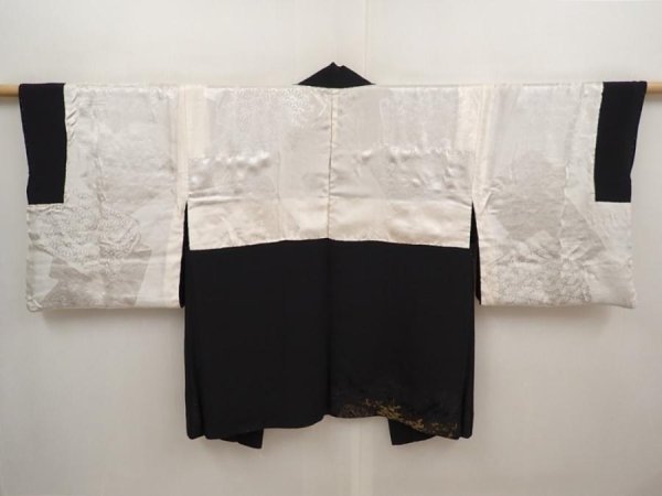 Photo8: 6704T04z610 Vintage Japanese Kimono Silk HAORI Itsukushima Shrine Black (8)
