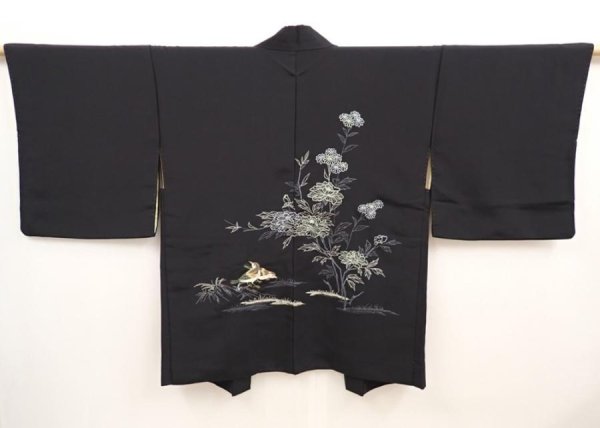 Photo1: 6704T06z590 Vintage Japanese Kimono Silk HAORI Bird Black (1)