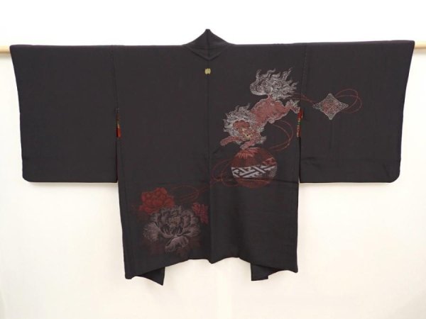Photo1: 6704T07z470 Vintage Japanese Kimono Silk HAORI Shishi Black (1)