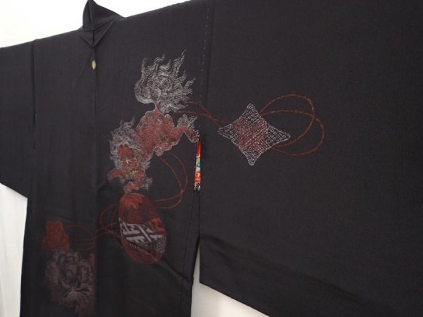 Photo2: 6704T07z470 Vintage Japanese Kimono Silk HAORI Shishi Black (2)
