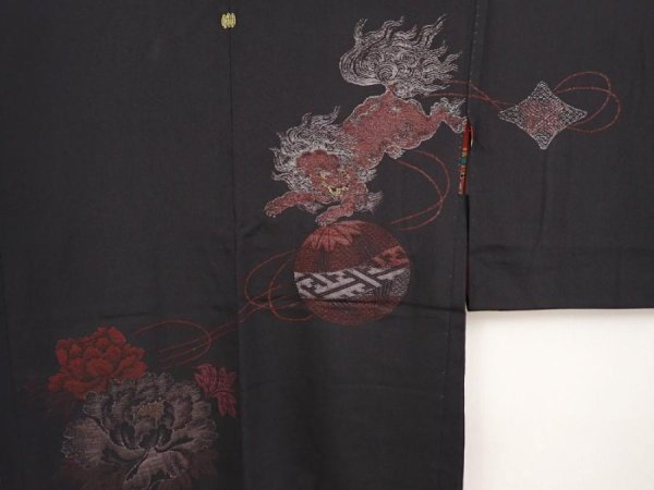 Photo3: 6704T07z470 Vintage Japanese Kimono Silk HAORI Shishi Black (3)