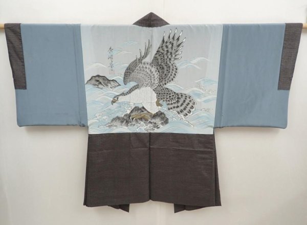 Photo1: 6704T09z490 Vintage Japanese Kimono Silk Men's OSHIMA HAORI Hawk Brown-Gray (1)
