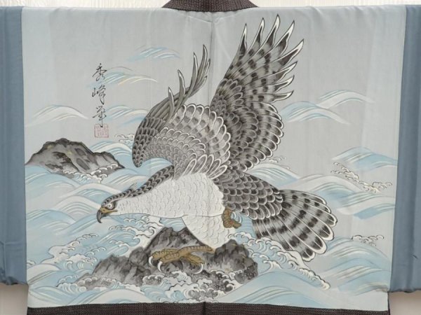 Photo3: 6704T09z490 Vintage Japanese Kimono Silk Men's OSHIMA HAORI Hawk Brown-Gray (3)