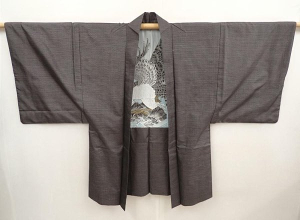 Photo6: 6704T09z490 Vintage Japanese Kimono Silk Men's OSHIMA HAORI Hawk Brown-Gray (6)