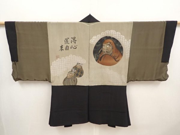 Photo1: 6704T13z540 Vintage Japanese Kimono Silk Men's HAORI Daruma Black (1)