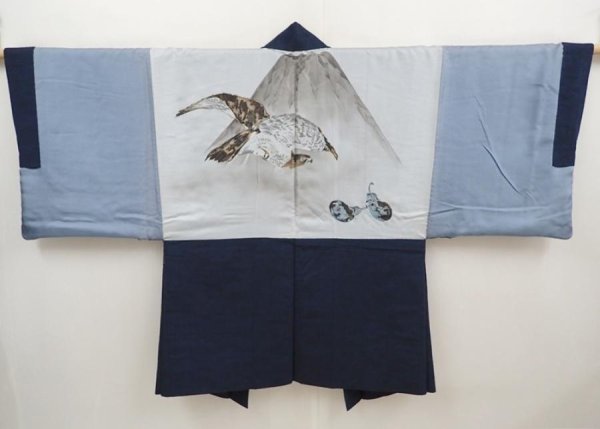 Photo1: 6704T14z490 Vintage Japanese Kimono Silk Men's HAORI 一富士二鷹三茄子 (1)