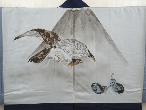 Photo2: 6704T14z490 Vintage Japanese Kimono Silk Men's HAORI 一富士二鷹三茄子 (2)
