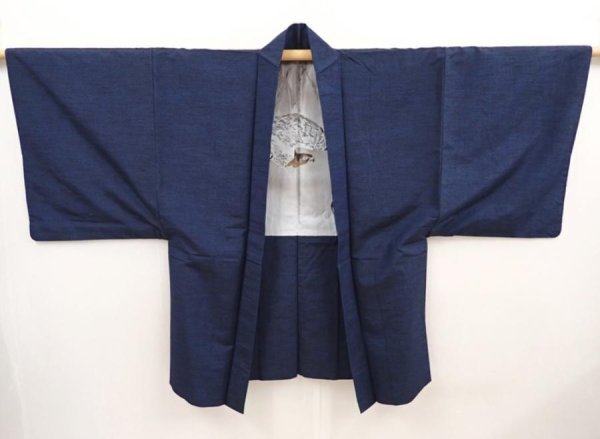 Photo4: 6704T14z490 Vintage Japanese Kimono Silk Men's HAORI 一富士二鷹三茄子 (4)