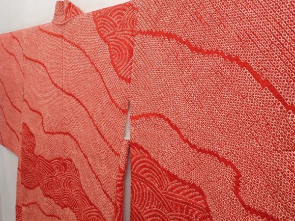 Photo2: 6708T01z420 Vintage Japanese Kimono Silk SHIBORI HAORI Wave Dark red (2)