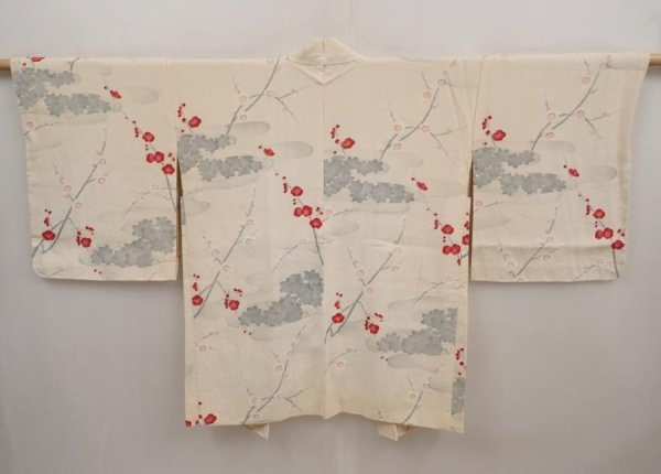 Photo1: 6708T03z580 Vintage Japanese Kimono Silk HAORI Plum blossom Off-white (1)