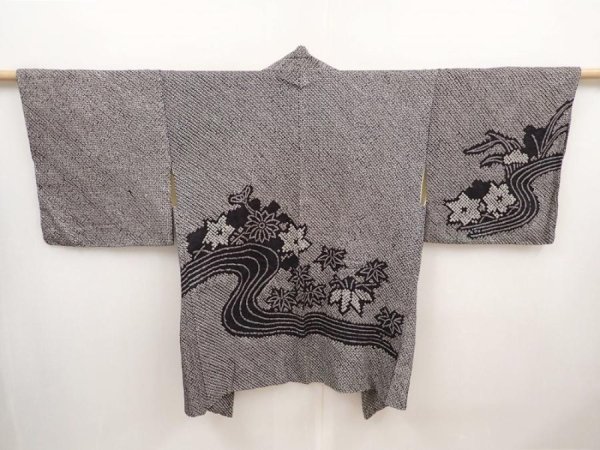 Photo1: 6708T05z490 Vintage Japanese Kimono Silk SHIBORI HAORI Flower Black (1)