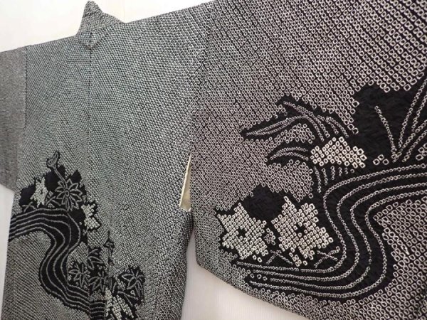 Photo2: 6708T05z490 Vintage Japanese Kimono Silk SHIBORI HAORI Flower Black (2)