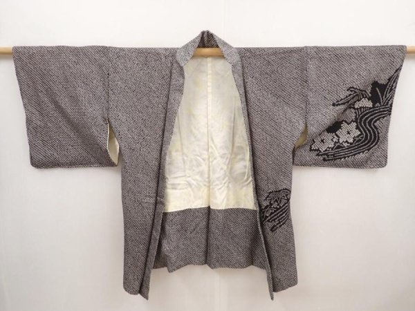 Photo4: 6708T05z490 Vintage Japanese Kimono Silk SHIBORI HAORI Flower Black (4)