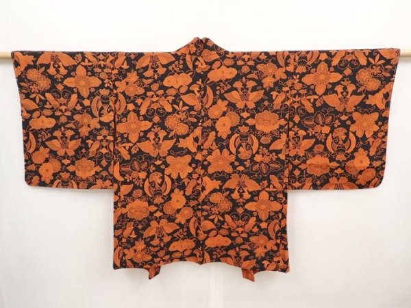 Photo1: 6708T06z530 Vintage Japanese Kimono Silk HAORI Bird Black (1)