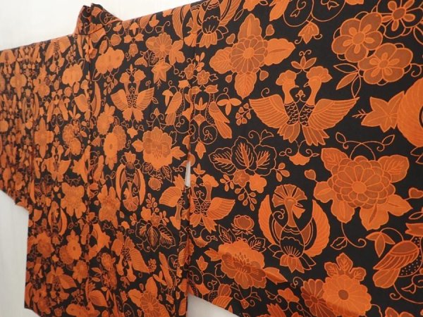 Photo2: 6708T06z530 Vintage Japanese Kimono Silk HAORI Bird Black (2)