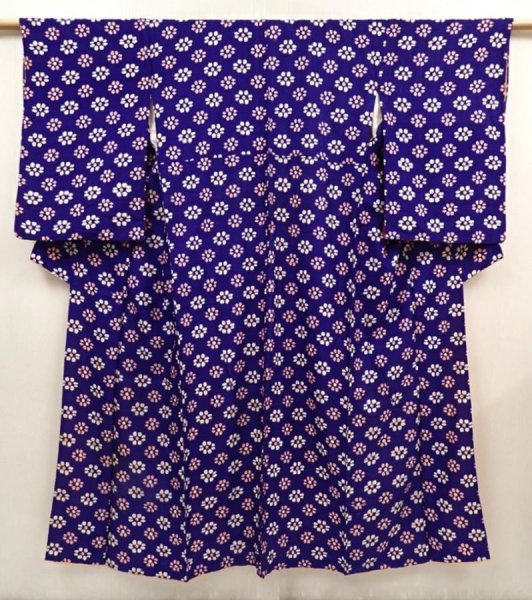 Photo1: 6708T13z580 Vintage Japanese Kimono Silk KOMON Flower Dark lavender blue (1)