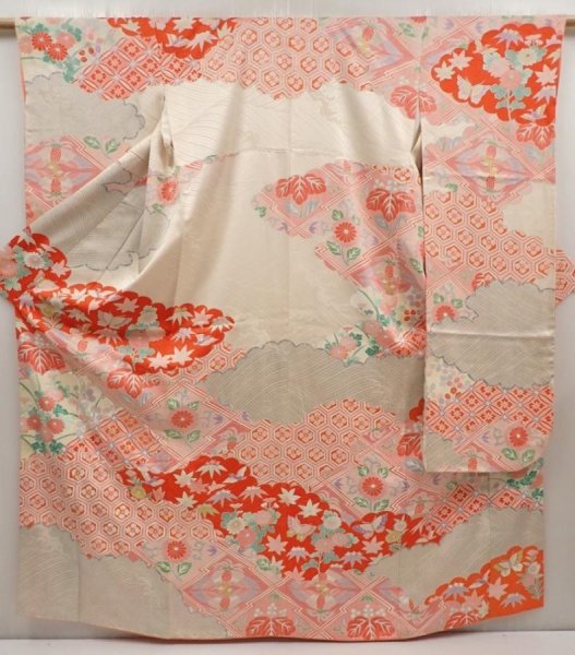 Photo1: 6708T14z1290 Vintage Japanese Kimono Silk FURISODE Flowers Pink (1)