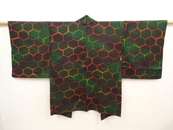 Photo1: 6709T01z590 Vintage Japanese Kimono Silk HAORI Kikko Dark green (1)