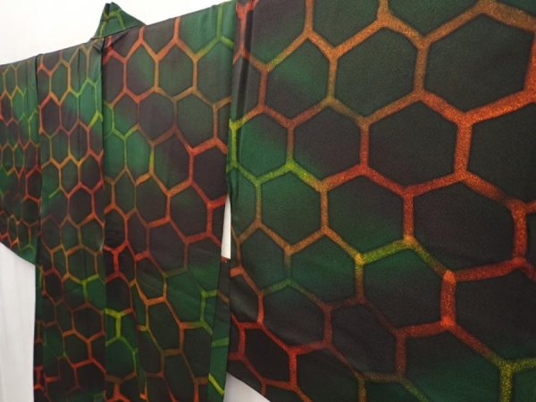 Photo2: 6709T01z590 Vintage Japanese Kimono Silk HAORI Kikko Dark green (2)