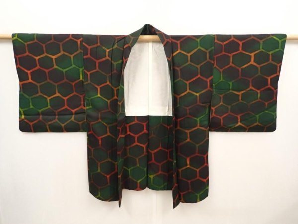 Photo5: 6709T01z590 Vintage Japanese Kimono Silk HAORI Kikko Dark green (5)