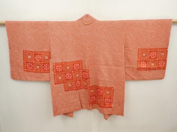 Photo1: 6709T02z390 Vintage Japanese Kimono Silk SHIBORI HAORI Flower Dark orange (1)