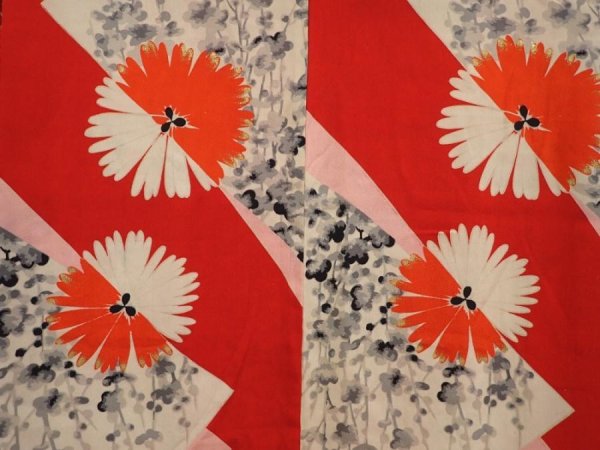Photo3: 6709T03z490 Antique Japanese Kimono Silk HAORI Flowers Dark red (3)
