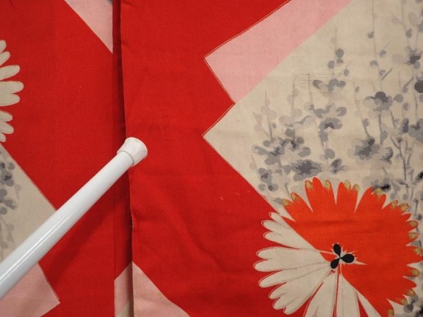 Photo7: 6709T03z490 Antique Japanese Kimono Silk HAORI Flowers Dark red (7)