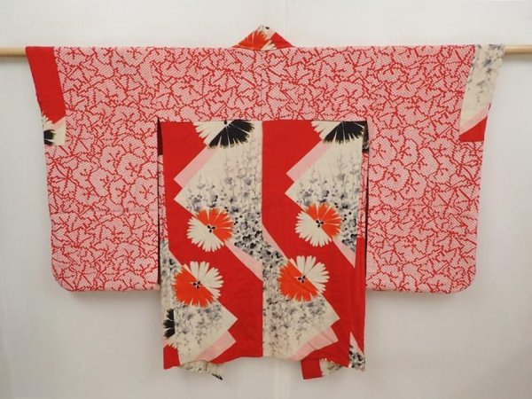 Photo8: 6709T03z490 Antique Japanese Kimono Silk HAORI Flowers Dark red (8)