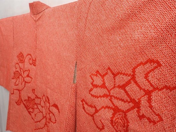 Photo2: 6709T07z440 Vintage Japanese Kimono Silk SHIBORI HAORI Flower Tomato red (2)