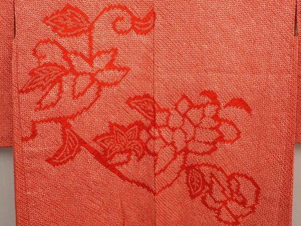 Photo3: 6709T07z440 Vintage Japanese Kimono Silk SHIBORI HAORI Flower Tomato red (3)