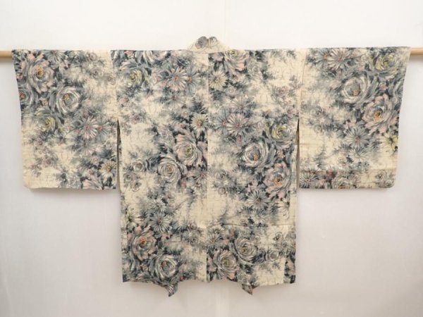 Photo1: 6709T08z370 Vintage Japanese Kimono Silk HAORI Flower Sand beige (1)