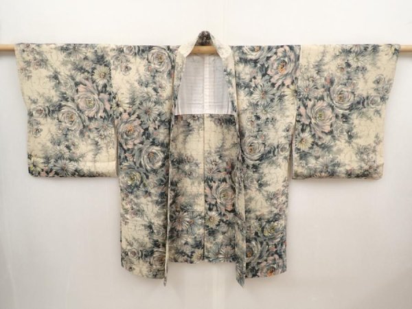 Photo5: 6709T08z370 Vintage Japanese Kimono Silk HAORI Flower Sand beige (5)