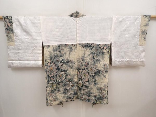 Photo6: 6709T08z370 Vintage Japanese Kimono Silk HAORI Flower Sand beige (6)