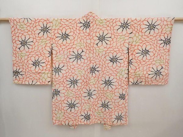 Photo1: 6709T09z470 Vintage Japanese Kimono Silk HAORI Flower Off-white (1)