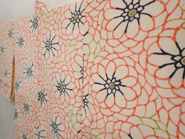 Photo2: 6709T09z470 Vintage Japanese Kimono Silk HAORI Flower Off-white (2)