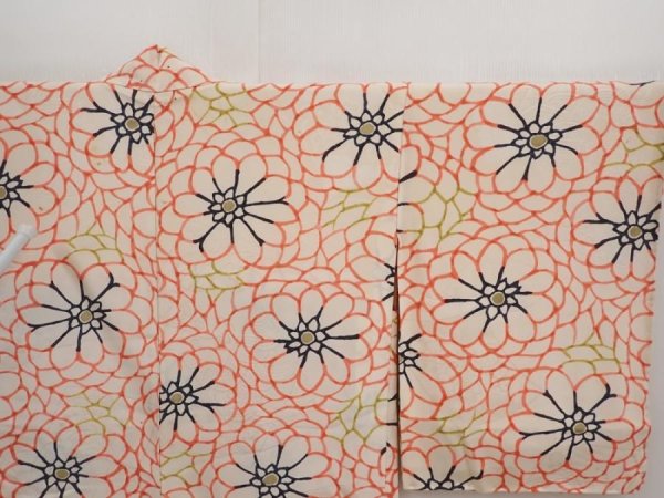 Photo5: 6709T09z470 Vintage Japanese Kimono Silk HAORI Flower Off-white (5)
