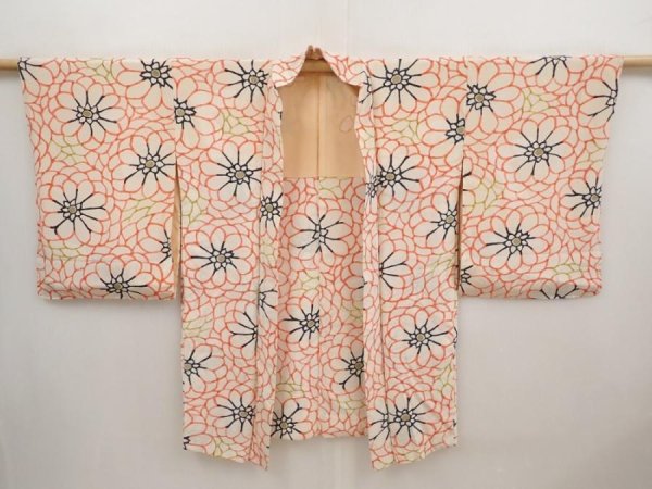 Photo6: 6709T09z470 Vintage Japanese Kimono Silk HAORI Flower Off-white (6)