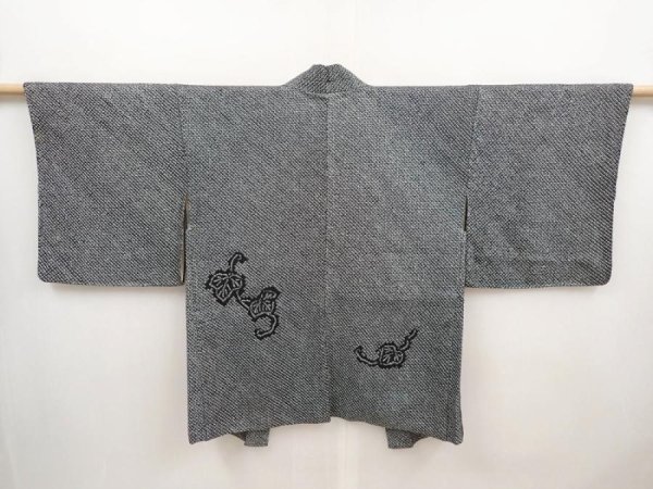 Photo1: 6709T10z500 Vintage Japanese Kimono Silk SHIBORI HAORI Leaf Black (1)