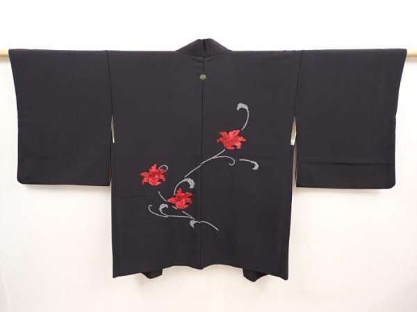 Photo1: 6709T11z570 Vintage Japanese Kimono Silk HAORI Flower Black (1)